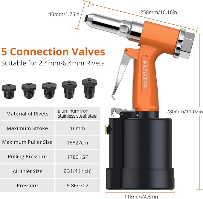 Proster Pneumatic Riveter - 3917LBF Pulling Pneumatic Rivet Gun, Heavy-Duty Air Pop Riveter 3/32", 1/8", 5/32", 3/16" and 1/4" Capacity