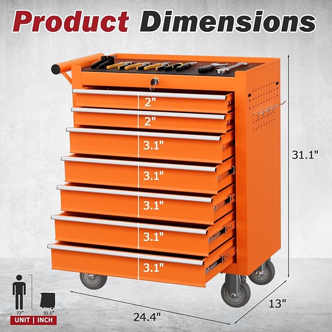 Rolling Tool Chest with Drawers, 7 Drawers Tool Chests & Cabinets, Metal Toolbox with Wheels, Lockable Storage Cabinet, Garage Tool Box with Drawers (Orange, 7 Drawers)