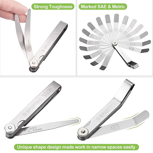 Spurtar Feeler Gauge Set Stainless Steel, 32 Blades Tapered and 16 Blades Offset Filler Gauge Set, Dual Marked SAE and Metric Feeler Guages for Spark Plug, Valve, Piston, Guitar