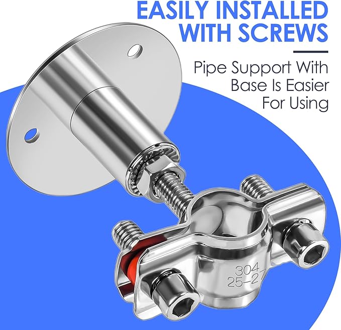 2 Pack Stainless Steel Wall Mount Pipe Support Adjustable - Height Pipe Bracket Pipe Clamp Support Metal Water Pipe Holder Bracket for 3/4 inch Diameter (25-27mm) with Screws