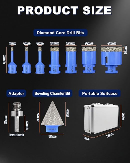 Diamond Tile Hole Saw Kit - 9Pcs 1/4'' X 2, 5/16'', 4/5'', 1'', 1-3/8'', 2'' Drill Bits Set，1-3/8''Beveling Chamfer Bit，HEX Shank Adapter for Porcelain Tile Ceramic Granite Marble