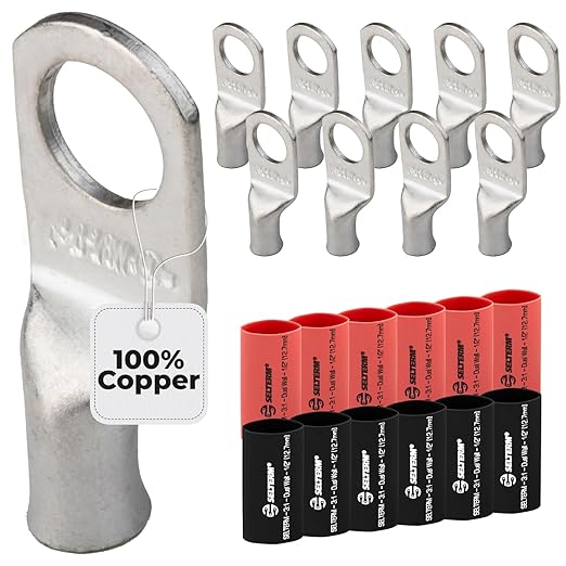 SELTERM 10pcs - 8 Awg - 3/8" Stud - Battery Lugs - Ring Terminal Connectors | with 12pcs 3:1 Black & Red Heat Shrink Tubing with Adhesive | Heavy Duty Battery Cable Ends - Tinned Copper Wire Lugs Kit