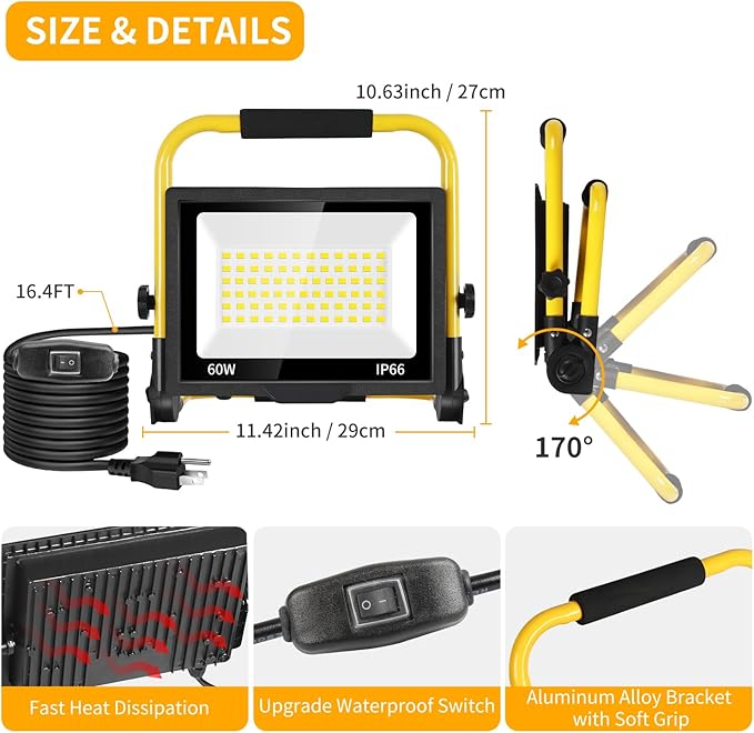 7200LM LED Work Light with 16FT Cord & Switch, 60W Outdoor Flood Light, IP66 Waterproof Portable Job Site Lighting with Stand, 5000K Dayight Worklight for Construction Garage Workshop Car Repairing