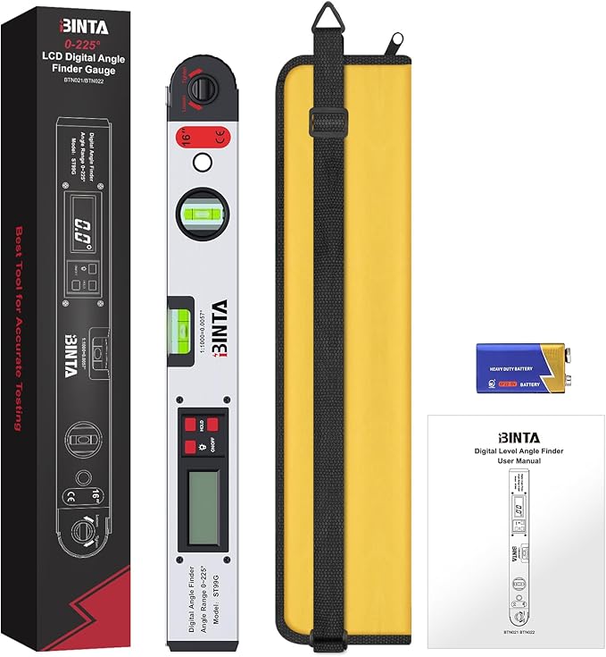 BINTA Digital Angle Finder 0-225° Range, Backlit LCD Aluminum Angle Finder Tool with Horizontal/Vertical Dual Bubble Meter Storage Bag for Woodworking, Machinery, Construction, DIY(Silver)