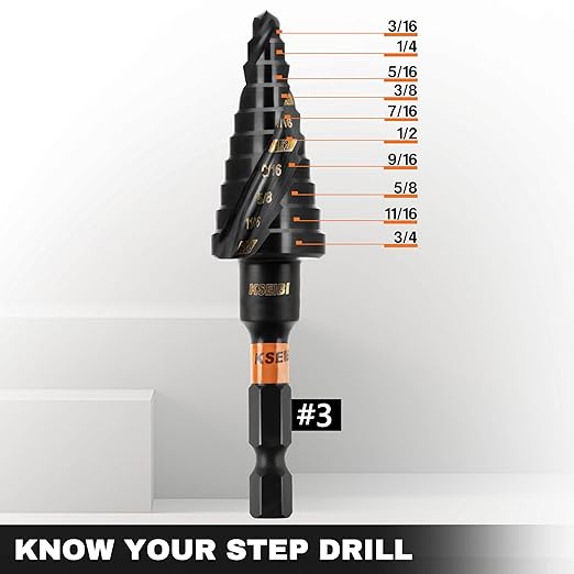 KSEIBI 9 Steps 3/16-3/4 inch SAE Standard Industrial Grade Step Drill Bit Ready Impact 1/4 inch Shank, 575077 High-Speed Steel Metal Drill Bits Black Oxide M2 Material