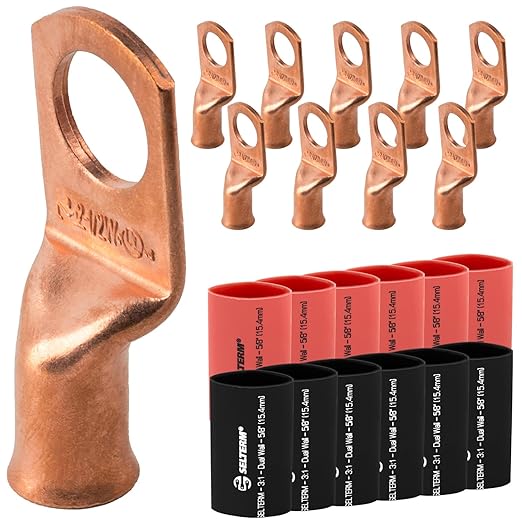 SELTERM 10pcs - 2 Awg - 1/2" Stud - Battery Lugs - Ring Terminal Connectors | with 12pcs 3:1 Black & Red Heat Shrink Tubing with Adhesive | Heavy Duty Battery Cable Ends - Bare Copper Wire Lugs Kit