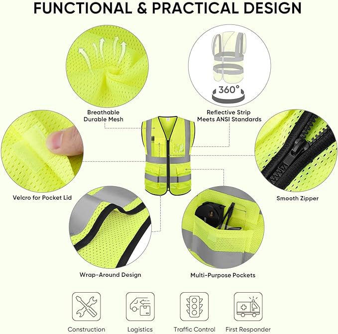 TICONN Reflective Safety Vest High Visibility Class II Mesh Vest for Women & Men Meets ANSI Standards