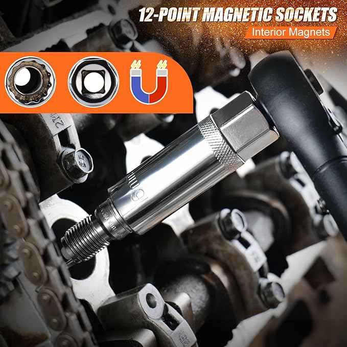3/8-Inch Drive Torque Wrench, 6PCS Magnetic Spark Plug Socket Set with Torque Wrench 3/8 Drive (10-45 FT.LB/13.6-61 Nm), Includes Spark Plug Gap Tool, Universal Joint, 10” Extension Bar