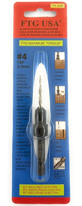 FTG USA Adjustable Wood Countersink Drill Bit #4 (7/64") with Tapered Drill Bit for Woodwork