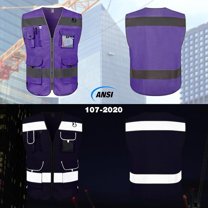 TCCFCCT Purple Safety Vest for Men Women 9 Pockets High Visibility Reflective Vest for Safety, Work Vest with Reflective Strips, Meets ANSI/ISEA Standards, Large