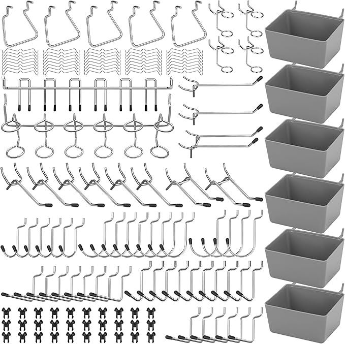 17-in-1 Pegboard Hooks Assortment - 143 Pcs 14 Sizes Peg Board Organizer Accessories Kit with 6 Pegboard Bins, 30 Silicone & 42 Stainless Steel Peg Hook Locks for 1/4" and 1/8" Pegboards Hanging Tools