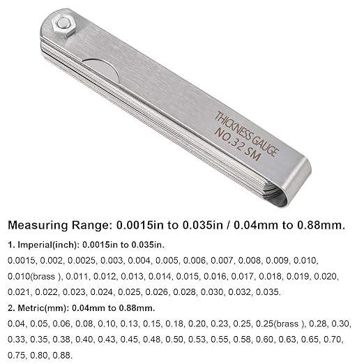 ZLKSKER 32 Blade Steel Feeler Gauge (0.0015Inch to 0.035Inch), Thickness Feeler Gage Gauge, Gap Measuring Tool with Metric & Imperial, Great for Checking Valves & Building Engines