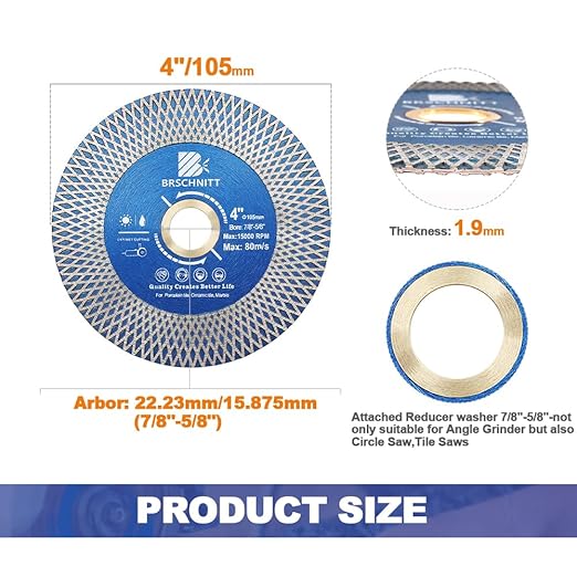 Diamond Porcelain Tile Saw Blade - BRSCHNITT 2pcs 4" Super Thin Diamond Cutting Grinding Disc with X Teeth Arbor 7/8“-5/8“ for Ceramic Tiles,Granite,Marble Angle Grinder Circle Saw Blade