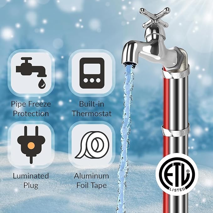 14 FT Heat Tape for Water Pipes Freeze Protection with Thermostat, Electric Heat Trace Pipe Heating Cable Energy-Saving 120V 7W/FT