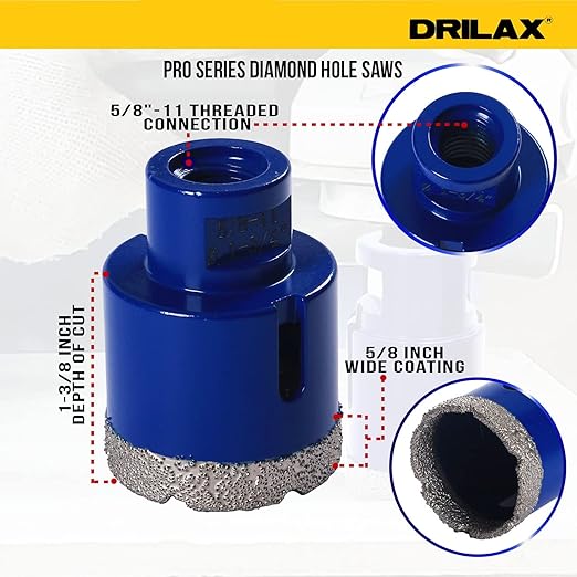 Drilax Pro Series 1-3/4 Inch Diamond Hole Saw for Angle Grinders | 1-3/8" Depth | 5/8"-11 Thread | Ideal for Drain Pipes, Vents, HVAC & Dry Drilling | Long Life