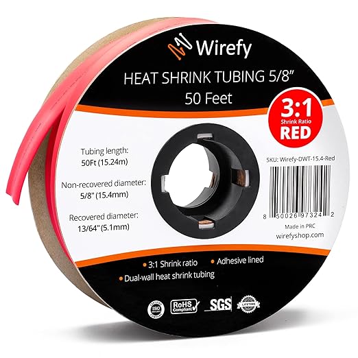 Wirefy 5/8" Heat Shrink Tubing - 3:1 Ratio - Adhesive Lined - a Resistant Heat Shrink - Red - 50 Feet Roll