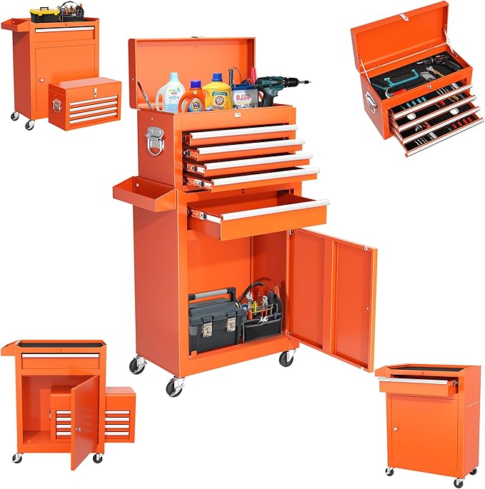 INTERGREAT Tool Chest Cabinet, 5-Drawer Rolling Tool Chest with Detachable Top Tool Box, Tool Chests with Universal Lockable Wheels, Metal Tool Cart for Garage, Workshop, Barbershop(Orange)