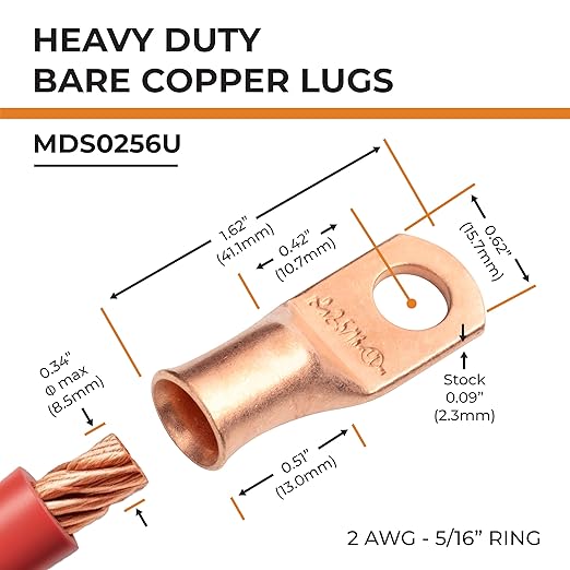 SELTERM 2pcs 2 AWG 5/16" Stud Copper Wire Lugs, Battery Lugs, Ring Terminals, Battery Cable Ends, 2 Gauge Ring Terminal Connectors, UL Heavy Duty Bare Copper Eyelets Battery Terminal Connectors