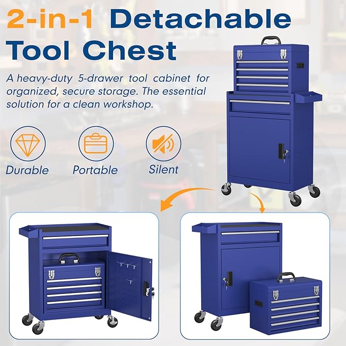 5-Drawer High Capacity Rolling Tool Chest, Removable Toolbox on Wheels Organizers, Lockable Tool Box Tool Storage Cabine with Drawers and Wheels