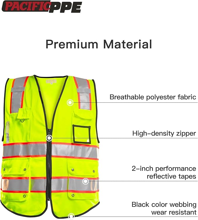 PACIFIC 10 Pockets Safety Vest for Men, 3M High Visibility Reflective Strips with Pockets and Zipper, ANSI Class 2, Yellow, Large