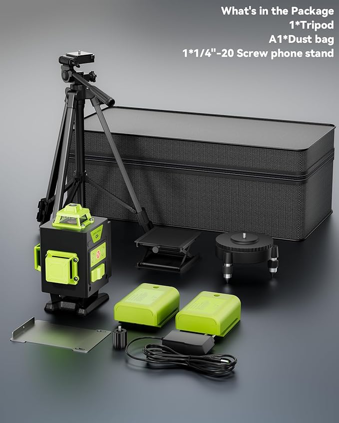 Laser Level with Tripod, 16 Line 360° Self-Leveling 4D Green Cross Line Laser with 2 Batteries, Aluminum Stand, Adjustable Brightness, Magnetic Bracket, Remote Control