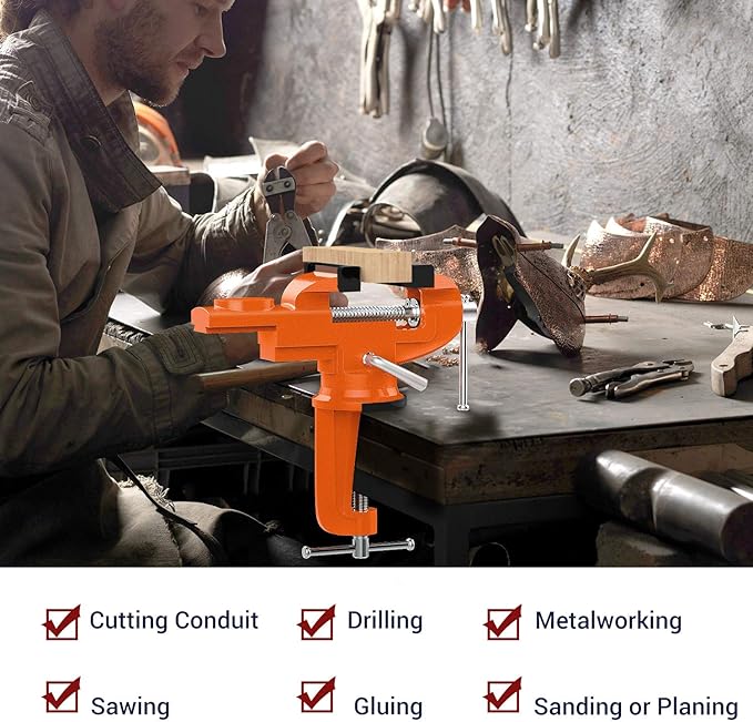 Nuovoware Table Vise 3 Inch, 360° Swivel Base Universal Home Vise Portable Bench Clamp, Clamp-on Vise Bench Clamps Fixed Tool for Woodworking, Metalworking, Cutting Conduit, Drilling, Sawing, Orange