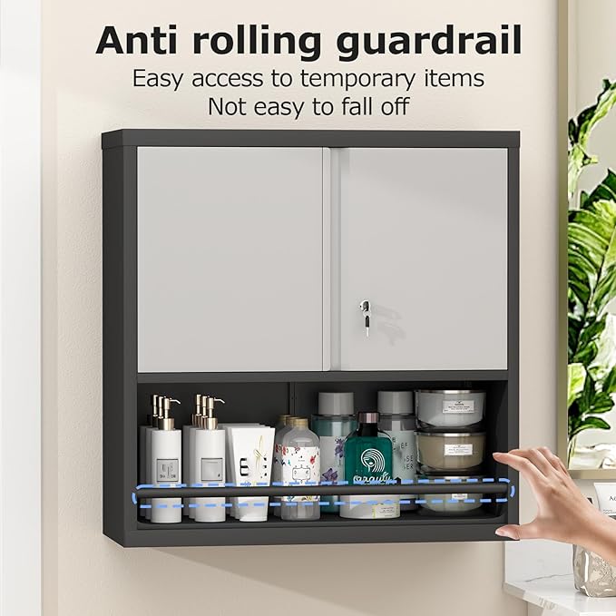 Metal Cabinet Wall Mounted, Garage Wall Storage Cabinets with 2 Door & Adjustable Shelves, Metal Wall Storage Cabinet for Bathroom, Office, Warehouse