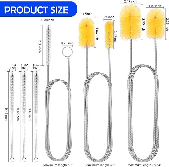 6pcs Flexible Drain Brush 78 Inch Pipe Cleaning Brush 63 Inch Drain Cleaner Brush 59 Inch Hose Brush and 3 Pcs 9 Inch Straw Cleaner Brush for Straws Kitchen Sink Plumbing Shower Drain Tube (Yellow)