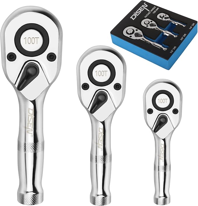 DISEN 3-Piece Stubby Ratchet Set – 1/4", 3/8", 1/2" Drive | 100-Tooth Ratchet with EVA Storage Tray | Quick Release Button | Non-Slip Grip | Reversible 3.6° Design for Tight Spaces, Chrome Finish