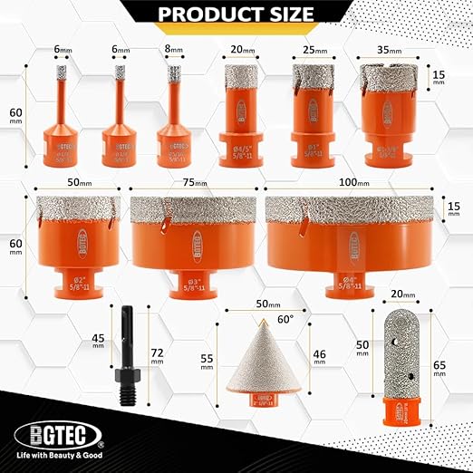 BGTEC Diamond Hole Saw Kit Marsonry Drill Bits,5/8-11 Thread 12pcs 6/6/8/20/25/35/50/75/100mm Drill Bits+20mm Milling Finger Bit+2" chamfering Bit+SDS for Granite Marble Porcelain Tile Ceramic