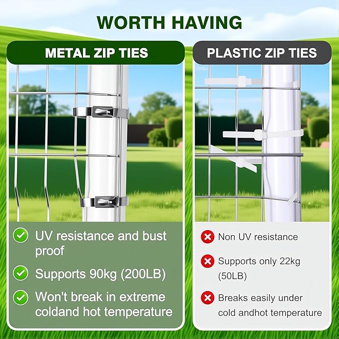 Metal Zip Ties with Stainless Steel Cable Tie Gun, Special Tool For Fastening and Cutting Steel Zip Ties, 100pcs 11.8in Uv Resistant chain link fence Parts For Fence Exhaust Pipe Outdoor