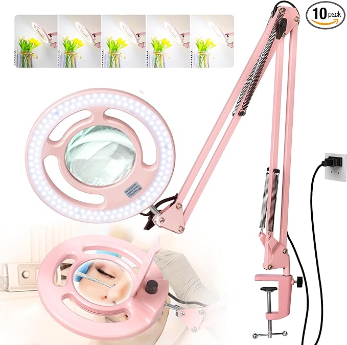 HITTI 2200 Lumens 10X Magnifying Glass with Light and Stand, 24W Super Bright Esthetician Light Magnifier, Stepless Dimmable Hands Free Magnfiying Lamp for Workbench Craft Painting Reading Hobby