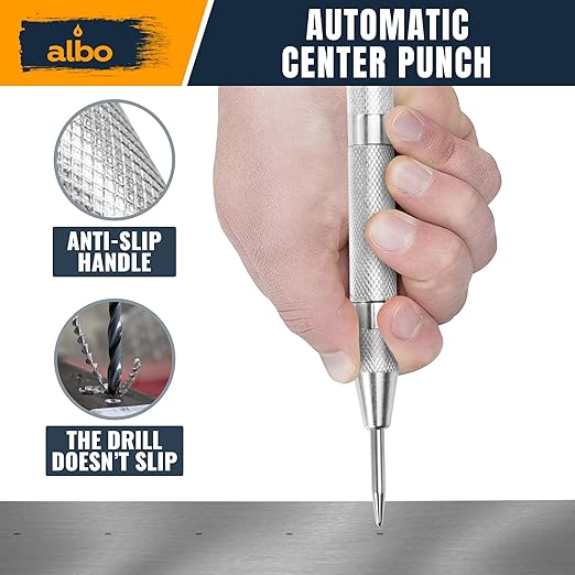 ALBO Spring Loaded Center Punch Tool – 6 Inch Automatic Punch for Metal, Wood, Steel – Heavy Duty Drill Punch – Durable Galvanized Coating, Precision Tip for DIY, Workshop & Professional Use (1pc)