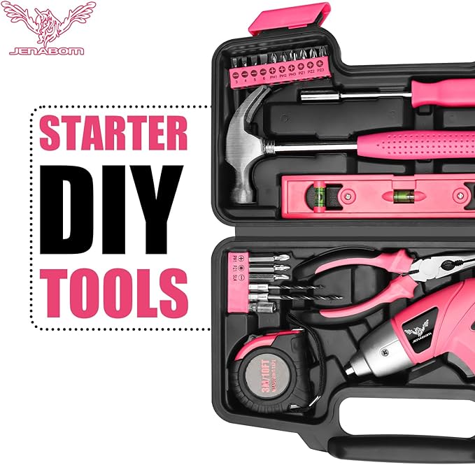 Pink Household Tool Set with 3.6V USB Electric Screwdriver, 112 PCS Home Tool Kit with Cordless Lithium-ion Drill Driver, Hand Tool Kits for Women