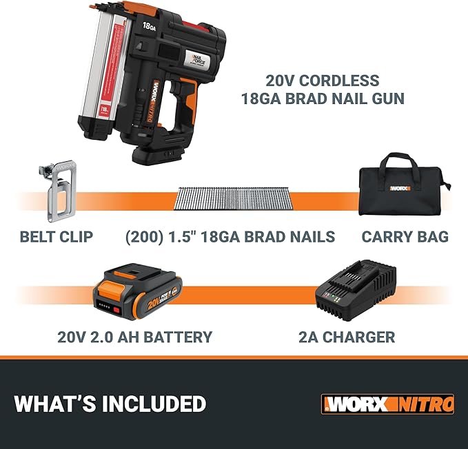 Worx Nitro 20V 18GA Cordless Brad Nailer, Cordless Nail Gun, Nail Gun Battery Powered, Up to 2 Inch, Tool-Free Jam Release, Trimming & Molding, Baseboard WX842L PowerShare – Battery, Charger Included