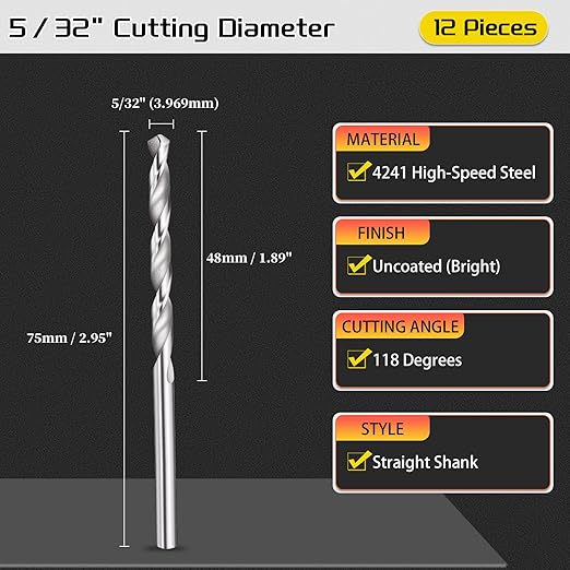 Drill Bit, 5/32" Cutting Diameter, 4241 HSS 118° Cutting Angle Uncoated Bright Versatile Jobber Bits - (Applications: for Drilling Plastic Wood Soft Metal), 12-Pieces