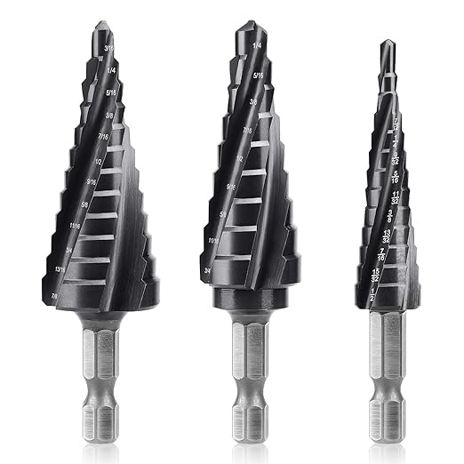 Lytool 3-Piece M35 Cobalt Step Drill Bits Set, 1/8"-7/8", 1/4" Hex Shank Four Spiral Flute Unibit for Metal, Stainless Steel, Aluminum, Wood, Plastic, for DIYers, Electricians, Fabricators