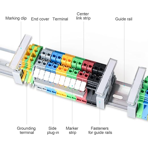 Terminal Block Kit, Rail Combined Terminal Block, Rail Type Voltage Terminal Accessories (Red & Yellow & Blue & Black & Green & Grey)
