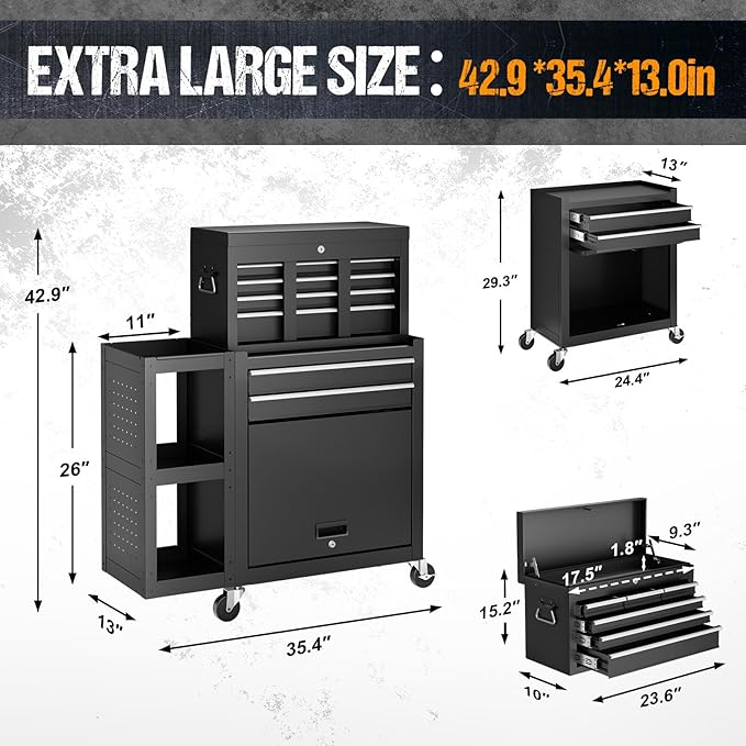 8 Drawers Rolling Tool Chest, Tool Box Detachable Top Metal Tool with Locking System, Protective Mat & Tool Rack, Garage Storage Cart with Side Cabinet, Tool Box for Garage