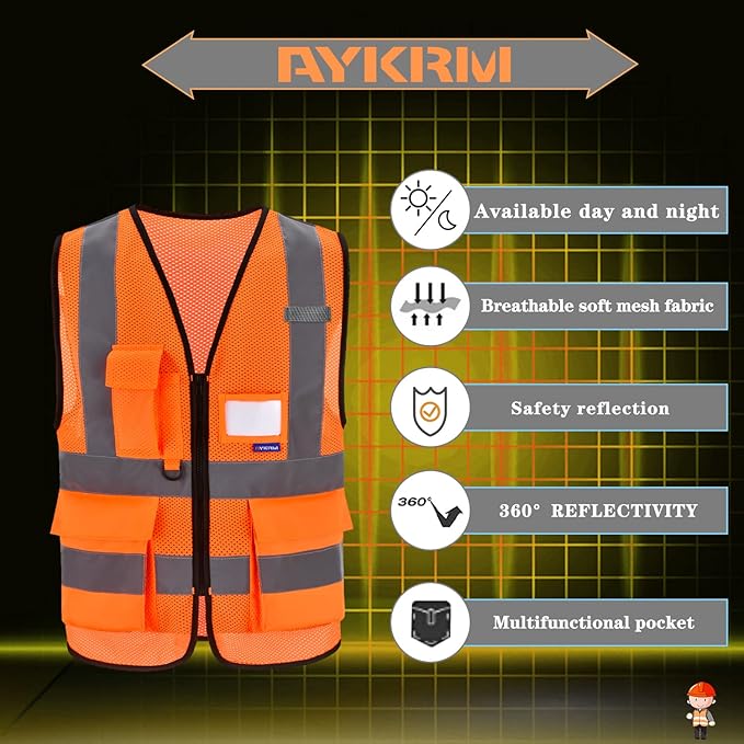 A-SAFETY High Visibility Mesh Safety Reflective Vest with Pockets and Zipper,Hi Vis Viz Reflective Safety Vest(Orange Mesh L)