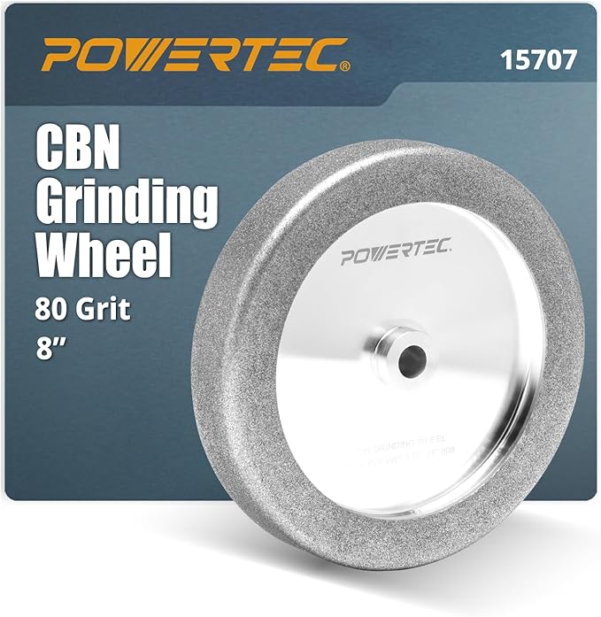 POWERTEC CBN Grinding Wheel 8 Inch 80 Grit, 1-1/2" Wide, 5/8" Arbor – 4-in-1 CBN Sharpening Wheel with 1/4" Radius Edge and Side Face for Bench Grinder (15707)