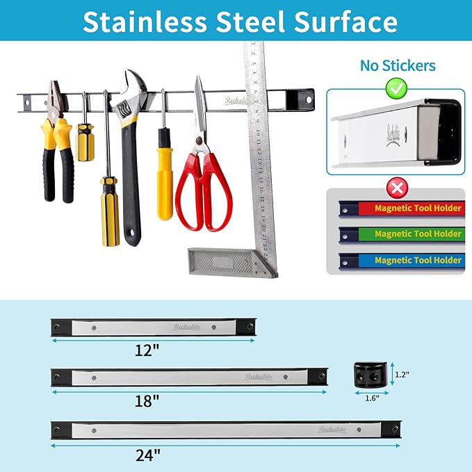4 Pieces 18" Magnetic Tool Holder Strip, Stainless Steel Surface Tool Magnet Bar, Metal Tool Organizer Rack for Garage Organization, Easy To Install in Workshop, Mounting Screws Included