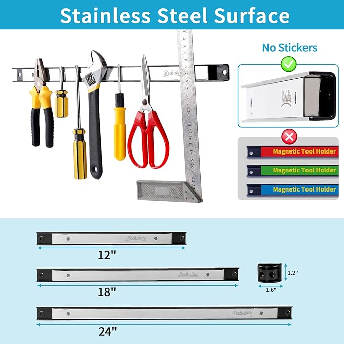 6 Pieces 12" Magnetic Tool Holder Strip, Stainless Steel Surface Tool Magnet Bar, Metal Tool Organizer Rack for Garage Organization, Easy To Install in Workshop, Mounting Screws Included