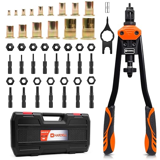 HARDELL Rivet Nut Tool Kit, 16-Inch Release Rivnut Tool with 15 Metric & SAE Mandrels, 125Pcs Nutsert Assortment & Rugged Carrying Case