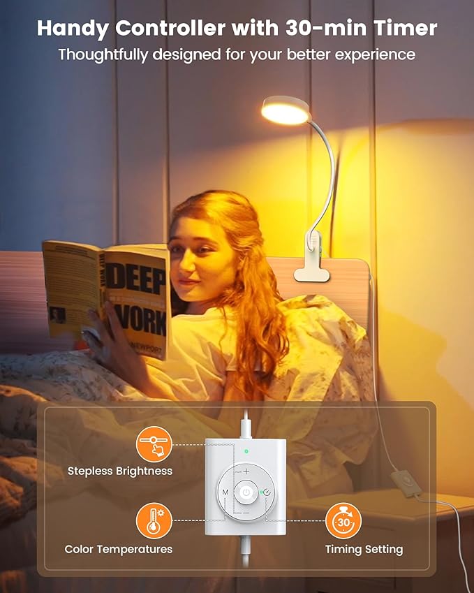 Glocusent 5W Clip on Light, 36 LED Eye Caring Reading Light for Bed, 3 Colors & 5 Brightness Clip on Lamp with Adapter, Perfect Reading Light for Bed Lamp/Bunk Bed Light