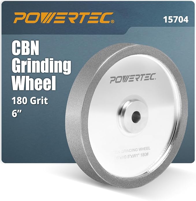POWERTEC CBN Grinding Wheel 6 Inch 180 Grit, 1" Wide, 1/2" Arbor – Bench Grinder Sharpening Wheel for HSS Tools, Lathe Chisels, and Woodturning Tools (15704)