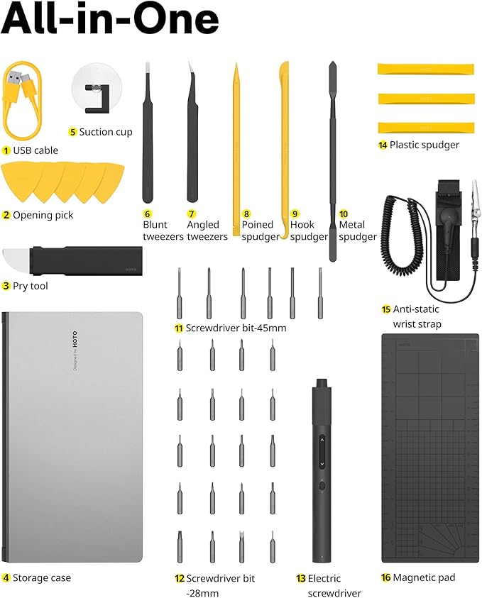 HOTO Electric Precision Screwdriver Set, 48 in 1 Electronics Tool Kit, Magnetic Bits & Box, LED Light & 2 Torque Settings, Mini Screwdriver Set for Eyeglasses, Watches, Phones, Laptops, Cameras Repair
