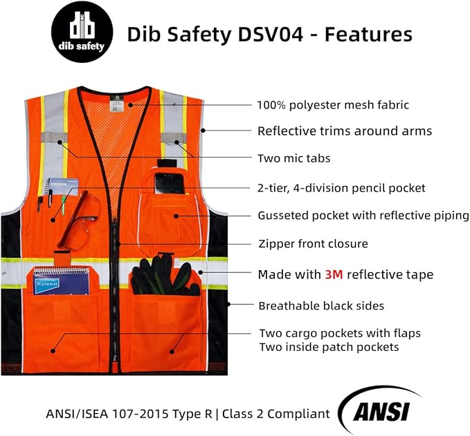 Dib Safety Vest Reflective Orange Mesh, High Visibility Vest with Pockets and Zipper, Heavy Duty Vest Made with 3M Reflective Tape S