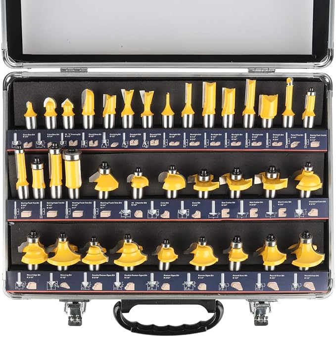 KOWOOD Router Bits Sets 35B Pieces, Tungsten Carbide Router Bits 1/2 Inch Shank with Aluminum Storage Case, T Shape Wood Milling Cutter for Woodworking