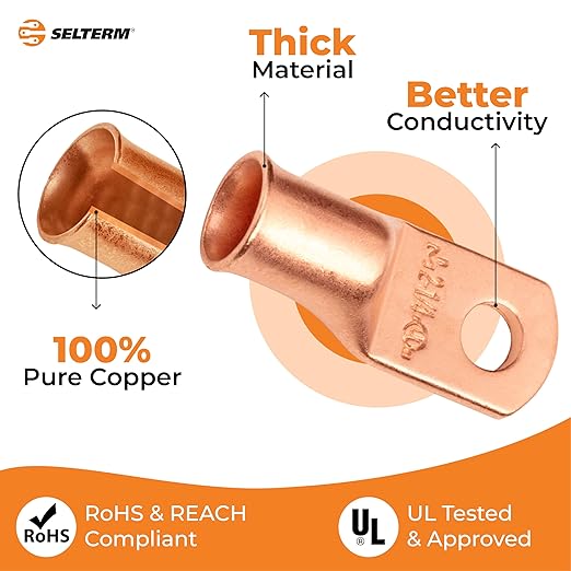 SELTERM 25pcs 2 AWG 1/4" Stud Battery Lugs, Ring Terminals, Heavy Duty Copper Wire Lugs, Battery Cable Ends, 2 Gauge Ring Terminal Connectors, UL Bare Copper Eyelets Electrical Battery Cable Lugs